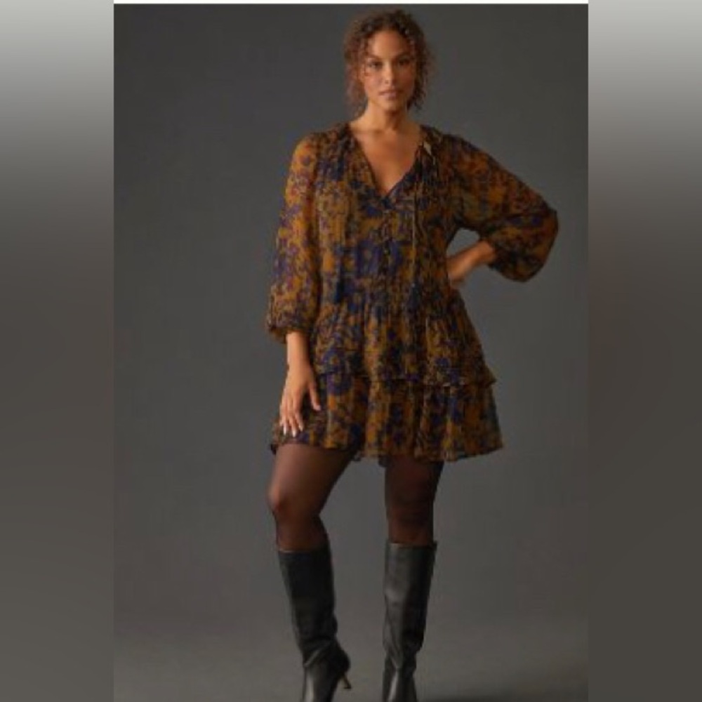 Anthropologie Marais Printed Chiffon mini dress in green motif
